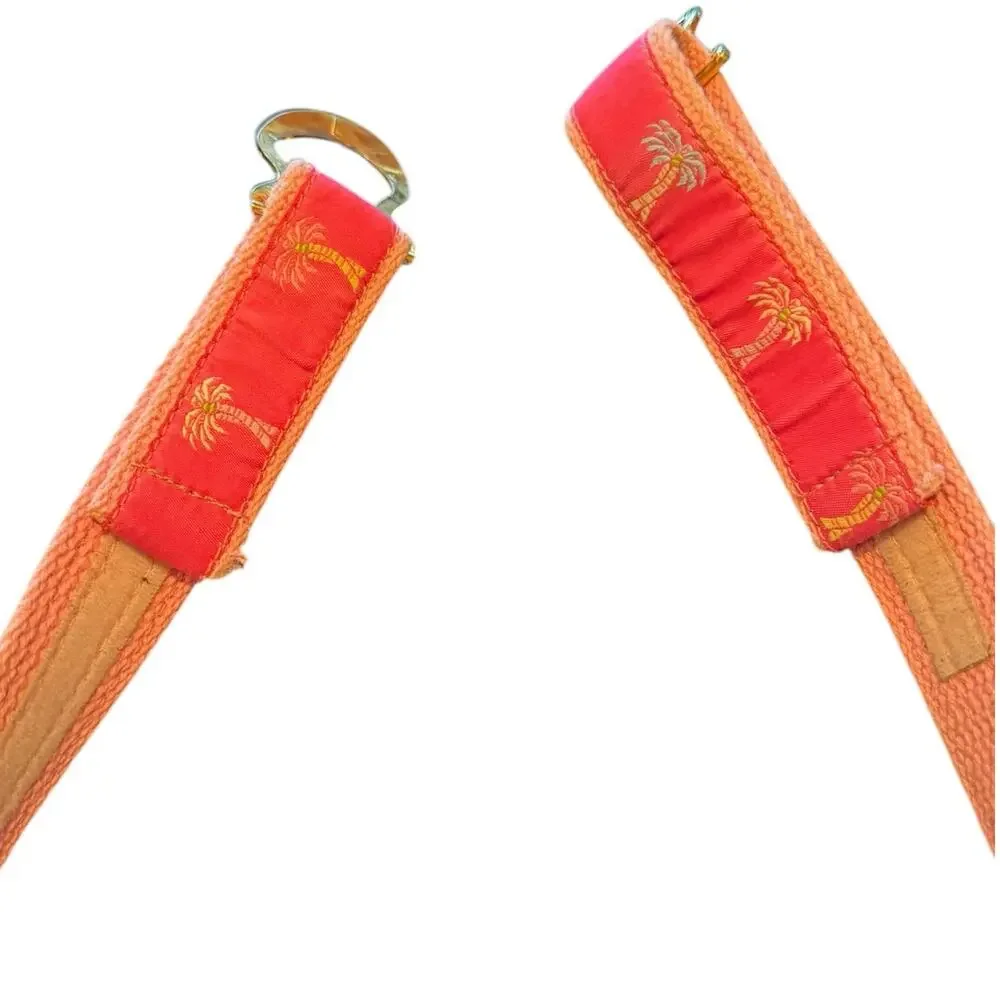 Vtg Douglas Paquette Pink Palm Tree Ribbon Canvas Belt Interlocking Buckle
